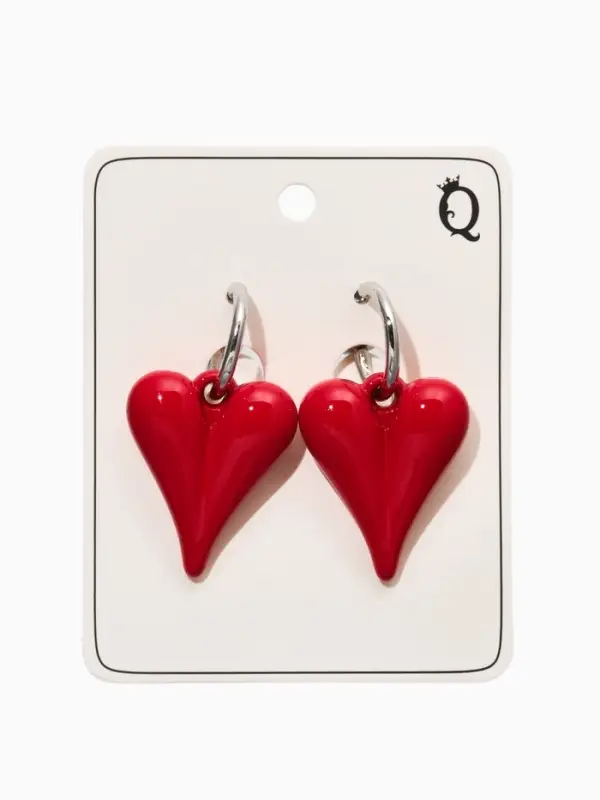 Серьги со съмными элементами "Сердца" вытянутые, цвет красный в серебре