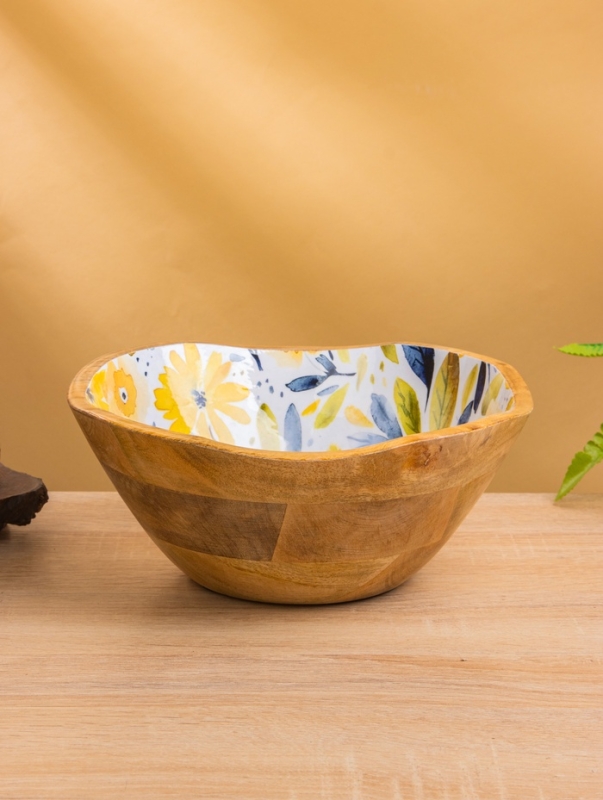 Салатник "Желтые и синие цветы" дерево манго 23х23х10,5 см