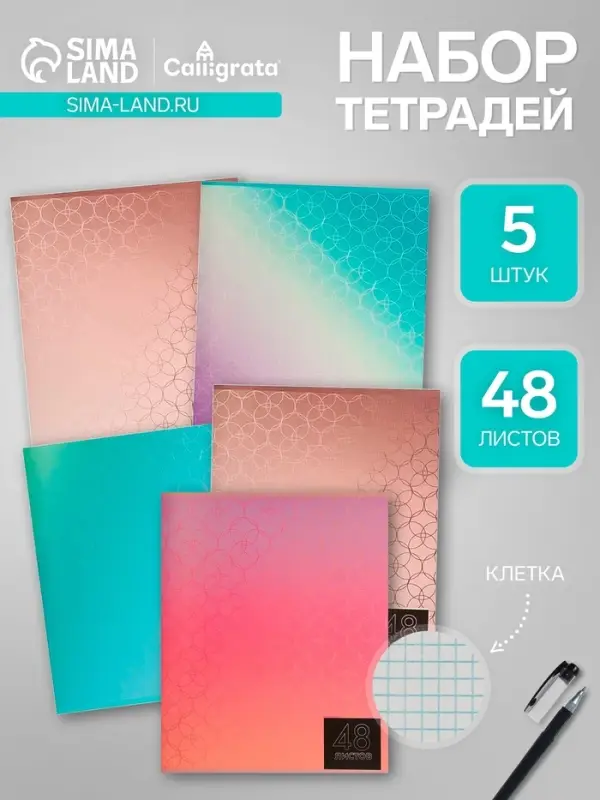 Комплект тетрадей из 5 штук (4 разные + 1 повторяющаяся), 48 листов в клетку Calligrata &laquo;Мыльные пузыри&raquo;, обложка мелованная бумага, блок №2, белизна 7...