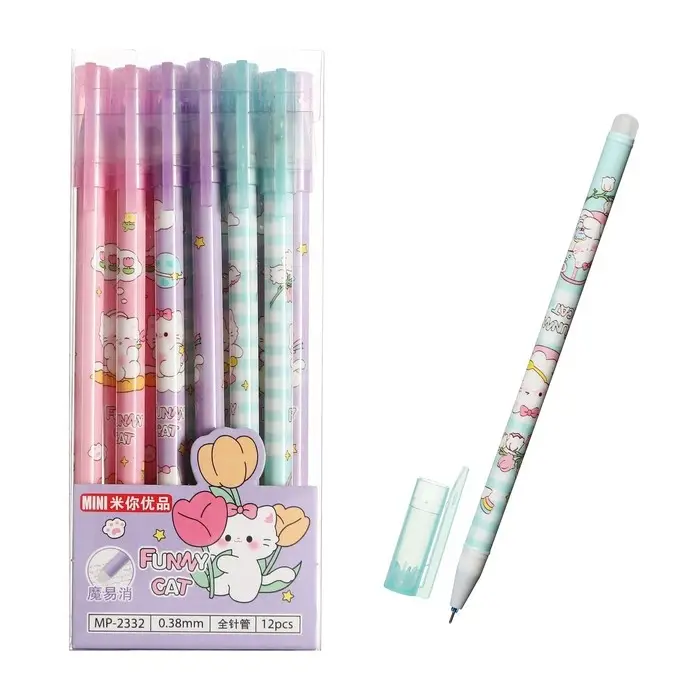 Ручка гелевая со стираемыми чернилами, стержень синий, 0.38 мм, корпус Ручка гелевая со стираемыми чернилами, стержень синий, 0.38 мм, корпус "Котик", МИКС