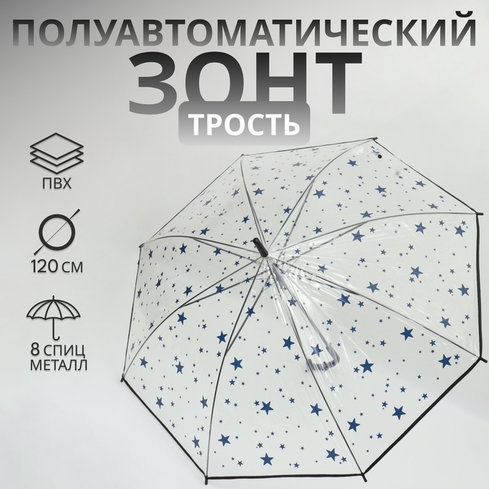 Зонт - трость полуавтоматический «Узор», 8 спиц, R = 54/60 см, D = 120 см, цвет прозрачный/синий Зонт - трость полуавтоматический «Узор», 8 спиц, R = 54/60 см, D = 120 см, цвет прозрачный/синий