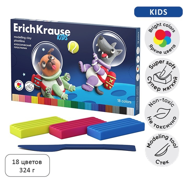 Пластилин 18 цветов, 324 г, ErichKrause Пластилин 18 цветов, 324 г, ErichKrause "Kids Space Animals", со стеком, в картонной упаковке