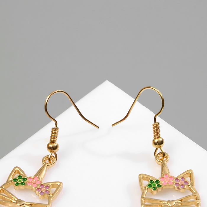 Серьги эмаль «Кошка» с листьями, цветные в золоте Серьги эмаль «Кошка» с листьями, цветные в золоте