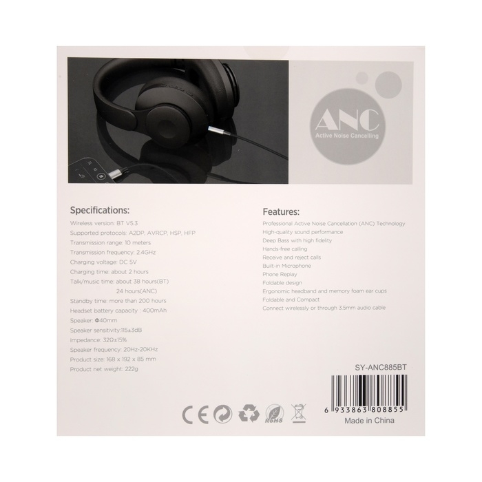 Наушники SY-ANC885BT, беспроводные, полноразмерные, Mic, Jack 3.5,  шумоподавление, чёрные