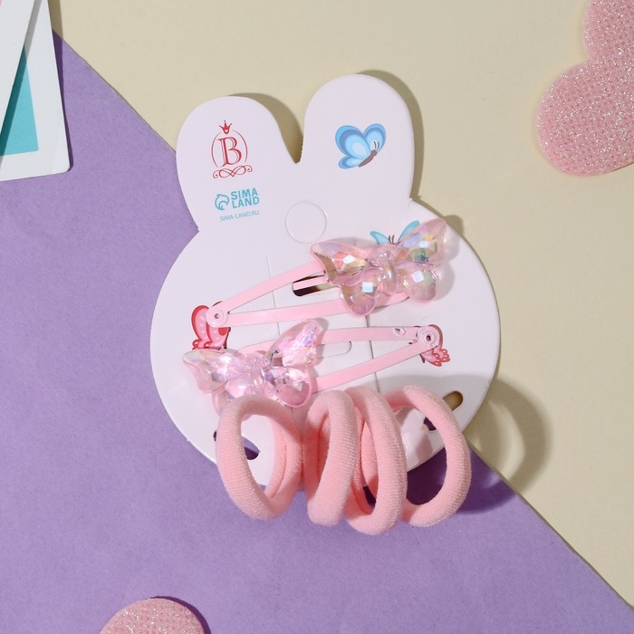 Набор для волос Набор для волос "Розовое чудо" (2 невидимки 5 см, 4 резинки) бабочка, розовый