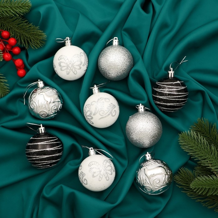 Набор шаров пластик d-6 см, 9 шт Набор шаров пластик d-6 см, 9 шт "Мелодия" орбита узор элит серебро, микс