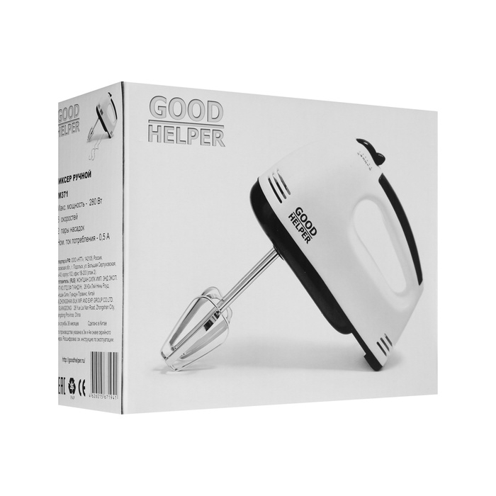 Миксер GOODHELPER НМ-371, ручной, 280 Вт, 5 скоростей, 2 насадки Миксер GOODHELPER НМ-371, ручной, 280 Вт, 5 скоростей, 2 насадки