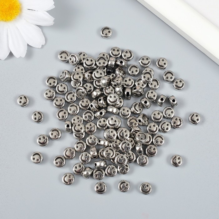 Бусины для творчества пластик "Смайлик. Плоский" серебро набор 20 гр 0,7х0,4 см