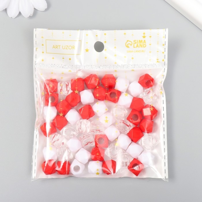 Бусины пластик Бусины пластик "Кристалл многогранник. Красный, белый, прозрачный" набор 30 гр 1х1х1 см