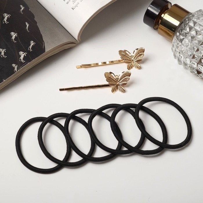 Набор для волос Набор для волос "Лиора" (8 резинок, 2 невидимки 5 см) бабочки, чёрно-золотой