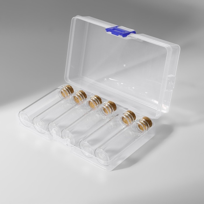 Набор баночек для хранения бисера, d = 2,2 × 7 см, 6 шт, в контейнере, 14,5 × 8,5 × 3,5 см