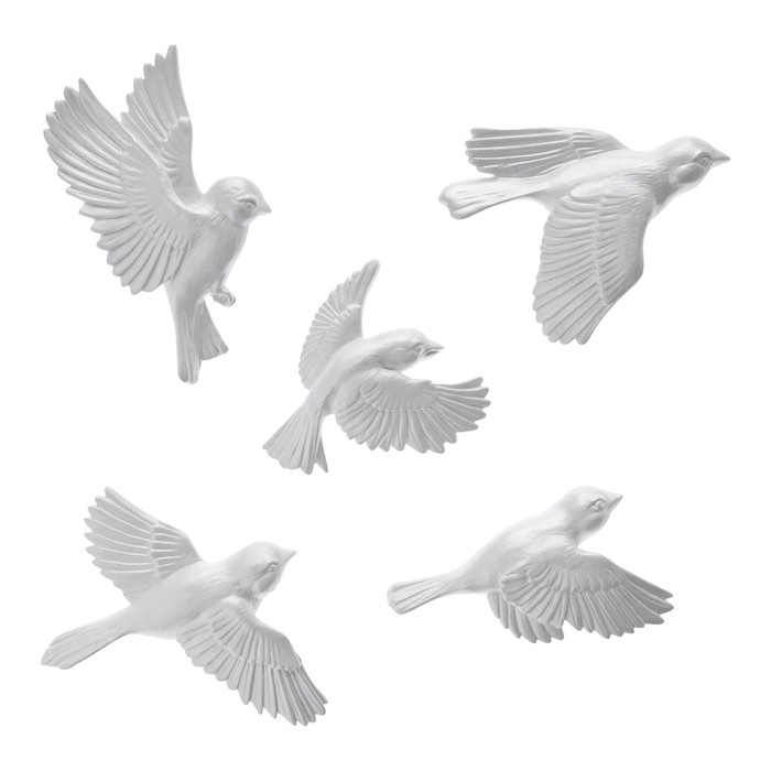 Декорация настенная, гипсовое панно Декорация настенная, гипсовое панно "Птицы", 5 шт, серебристые