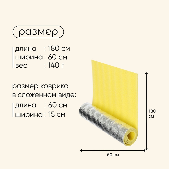 Коврик туристический maclay, с фольгой, 180х60х1 см, цвет жёлтый Коврик туристический maclay, с фольгой, 180х60х1 см, цвет жёлтый