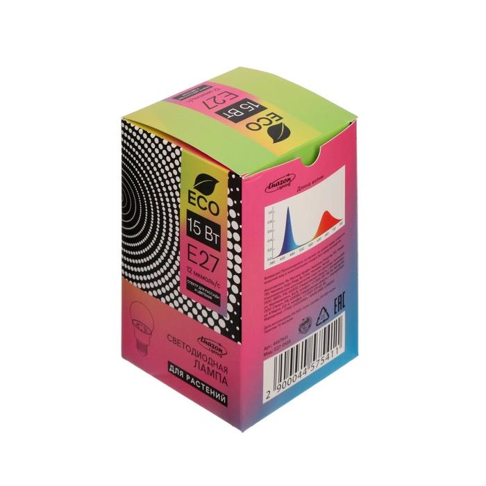 Фитолампа светодиодная Luazon, А60, E27, 15 Вт, IP44, 220 В, 270°, мультиспектральная Фитолампа светодиодная Luazon, А60, E27, 15 Вт, IP44, 220 В, 270°, мультиспектральная
