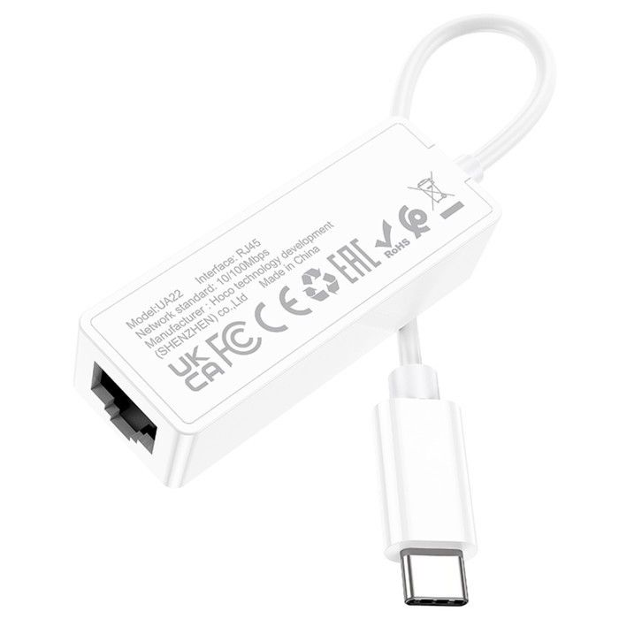 Адаптер Hoco UA22, Type-C - ethernet (100 Mб), 15 см, белый Адаптер Hoco UA22, Type-C - ethernet (100 Mб), 15 см, белый