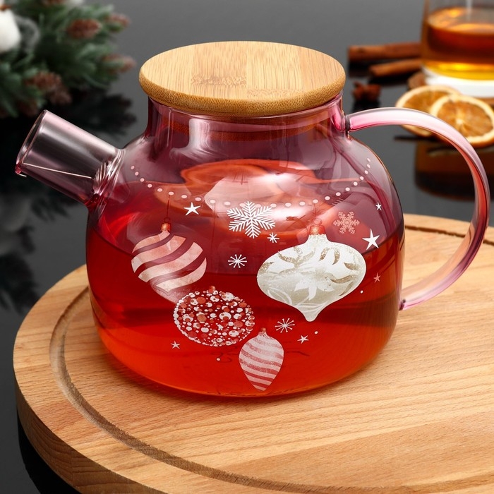 Новый год. Чайник заварочный стеклянный с бамбуковой крышкой «Розовая сказка», 1000 мл Новый год. Чайник заварочный стеклянный с бамбуковой крышкой «Розовая сказка», 1000 мл