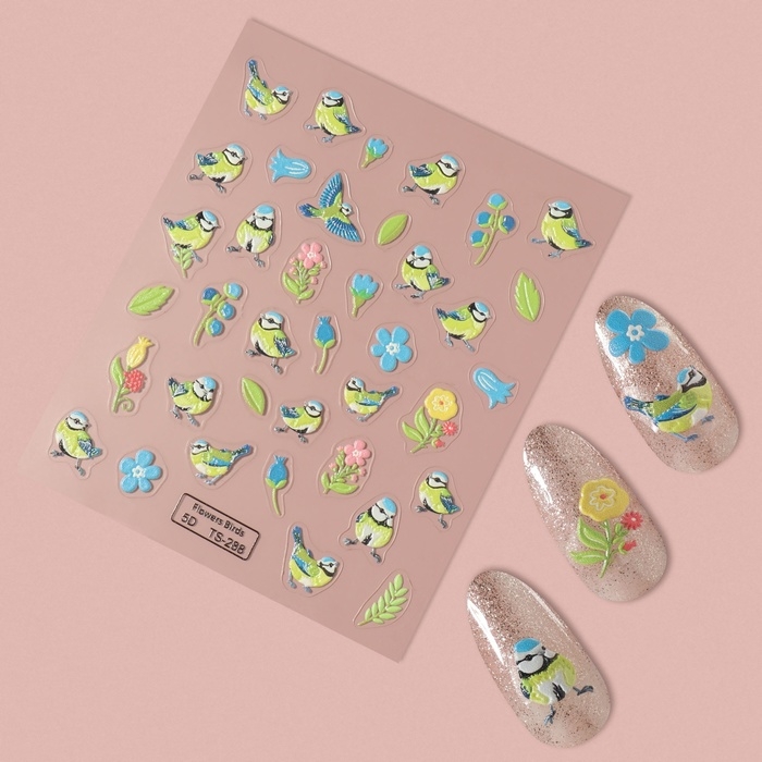 Наклейки для ногтей «Птенчики и цветы», объёмные, цвет голубой/жёлтый/зелёный Наклейки для ногтей «Птенчики и цветы», объёмные, цвет голубой/жёлтый/зелёный