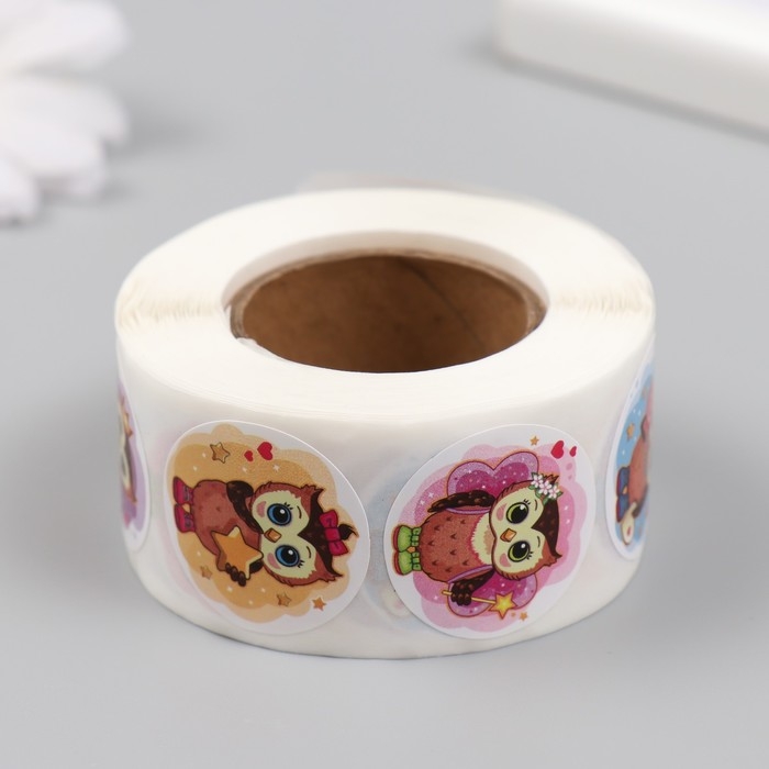Наклейка бумага Наклейка бумага "Милая совушка" d=2,5 см 500 шт в рулоне 3х6,5х6,5 см
