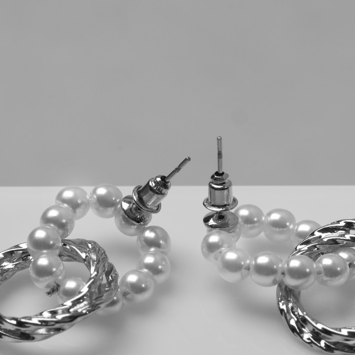 Серьги с жемчугом «Два кольца» бусины и металл, цвет серебро Серьги с жемчугом «Два кольца» бусины и металл, цвет серебро