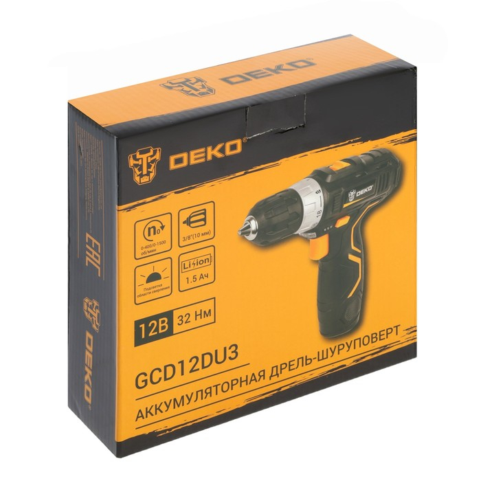 Дрель аккумуляторная Deko GCD12DU3 063-4096, 12 В, 32 Нм, АКБ, d 10 мм, 2 скорости
