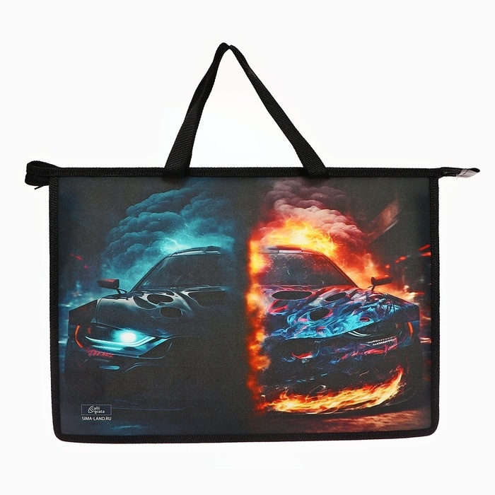 Папка с ручками А4, 335 х 235 х 55 мм, пластиковая, ручки-тесьма, Calligrata  Папка с ручками А4, 335 х 235 х 55 мм, пластиковая, ручки-тесьма, Calligrata "Тачка-огонь"