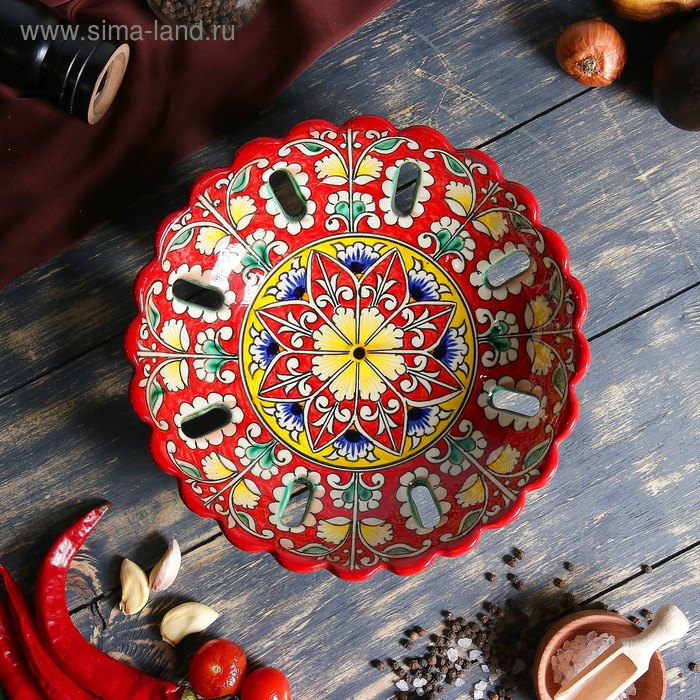 Фруктовница Риштанская Керамика  Фруктовница Риштанская Керамика "Цветы", 23 см, красная