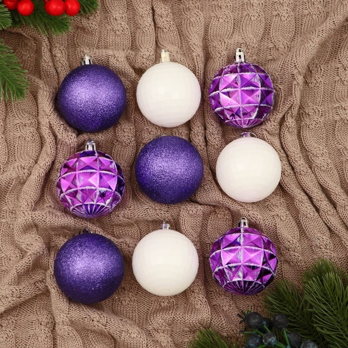 Набор шаров пластик d-5,5 см, 9 шт Набор шаров пластик d-5,5 см, 9 шт "Рузи" грани, белый фиолетовый
