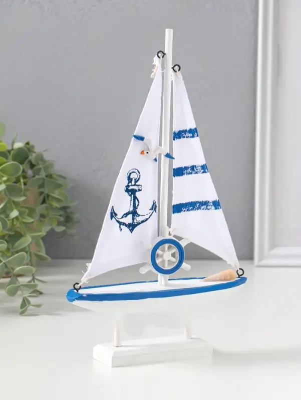Сувенир дерево "Парусник с якорем на парусе" бело-синий 16,5х4,5х27,5 см