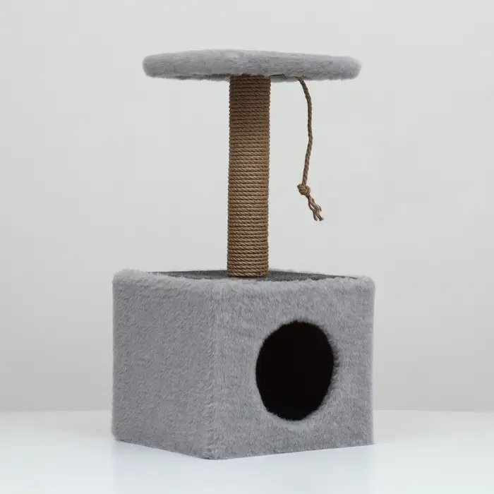 Домик для животных с когтеточкой, 32&times;32&times;64 см, с полкой, джут, серый
