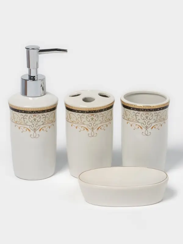 Набор аксессуаров для ванной комнаты Доляна &laquo;Золотая роскошь&raquo;, 4 предмета, дозатор 250 мл, мыльница, 2 стакана, белый