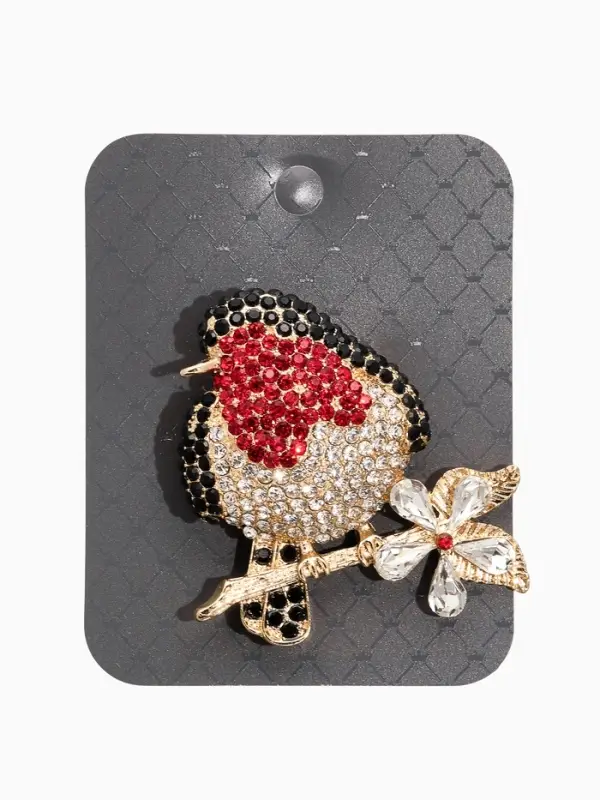 Брошь "Снегирь" в стразах, цвет чёрно-красный в золоте