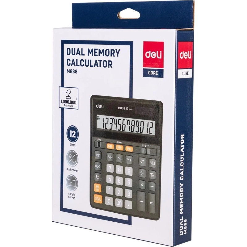 Калькулятор настольный ПОЛНОРАЗМ. Deli EM888, 12-р,дв.пит, 202х159мм,черн