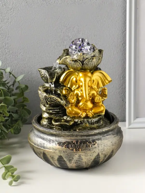 Фонтан настольный от сети, подсветка "Ганеша у цветущим лотосом" 16х16х23 см