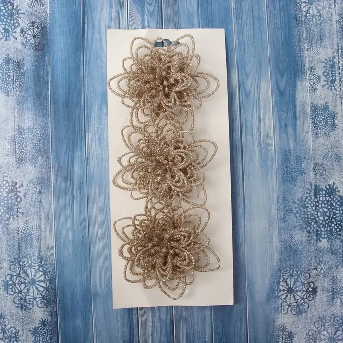 Украшение ёлочное "Цветы блеск кружева" (набор 3 шт) на зажимах, 10,5 см, золото