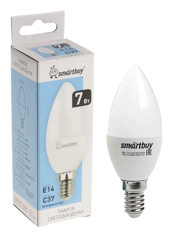 Лампа светодиодная Smartbuy, E14, C37, 7 Вт, 6000 К, свечение холодное белое