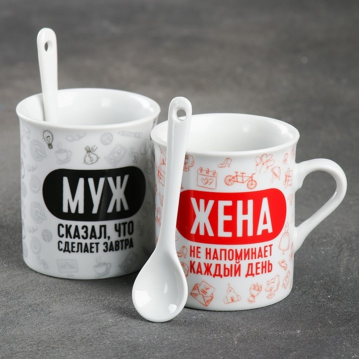 Набор керамический «Муж и жена»: кружка 140 мл 2 шт., ложка 2 шт., цвет белый Набор керамический «Муж и жена»: кружка 140 мл 2 шт., ложка 2 шт., цвет белый