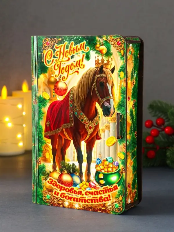 Книга-шкатулка новогодняя Конь в мантии с короной "Здоровья, счастья и богатства".19х13х5 см 1090356