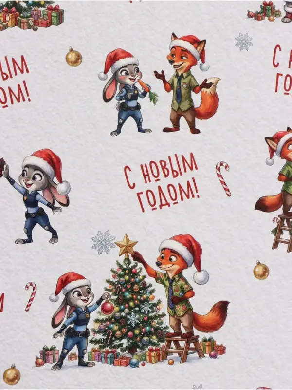 Бумага упаковочная глянцевая &laquo;С Новым годом&raquo;, зайка и лис, 70 &times; 100 см