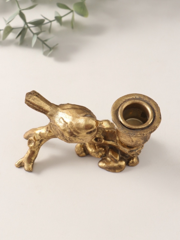 Подсвечник полистоун на 1 свечу "Воробышек на коряге" состаренное золото 14х6,5х8,8 см