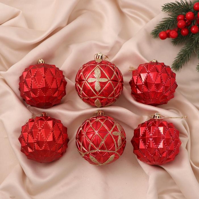 Набор шаров пластик d-8 см, 6 шт Набор шаров пластик d-8 см, 6 шт "Беата сеточка блеск" золотисто-красный