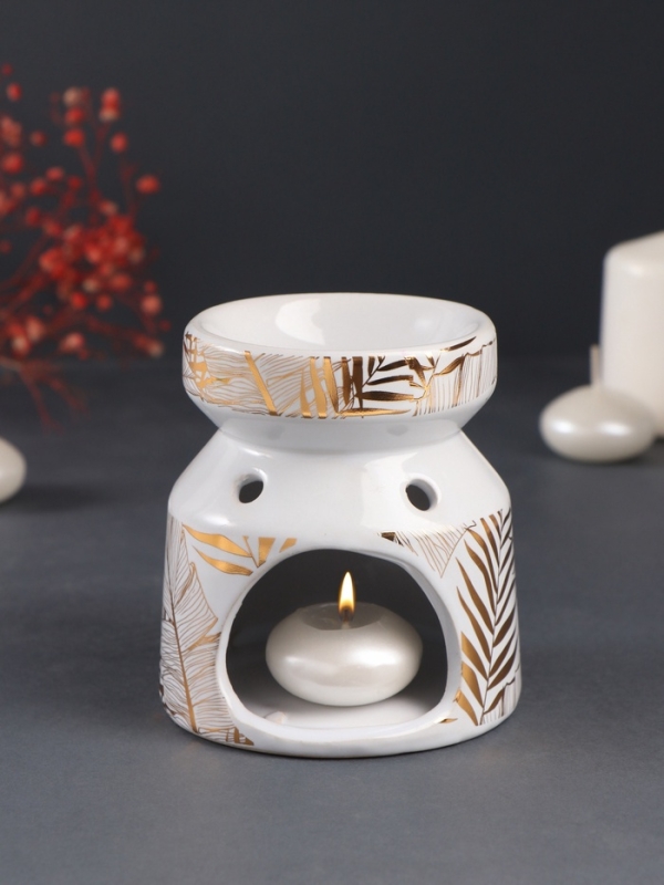 Аромалампа керамика Аромалампа керамика "Золотые пальмовые листья на белом" 9,8х9,8х11 см