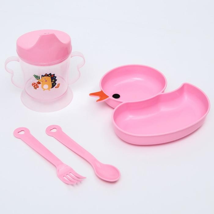 Набор посуды 4 предмета, миска, вилка, ложка, поильник твердый носик 200 мл., цвет МИКС Набор посуды 4 предмета, миска, вилка, ложка, поильник твердый носик 200 мл., цвет МИКС