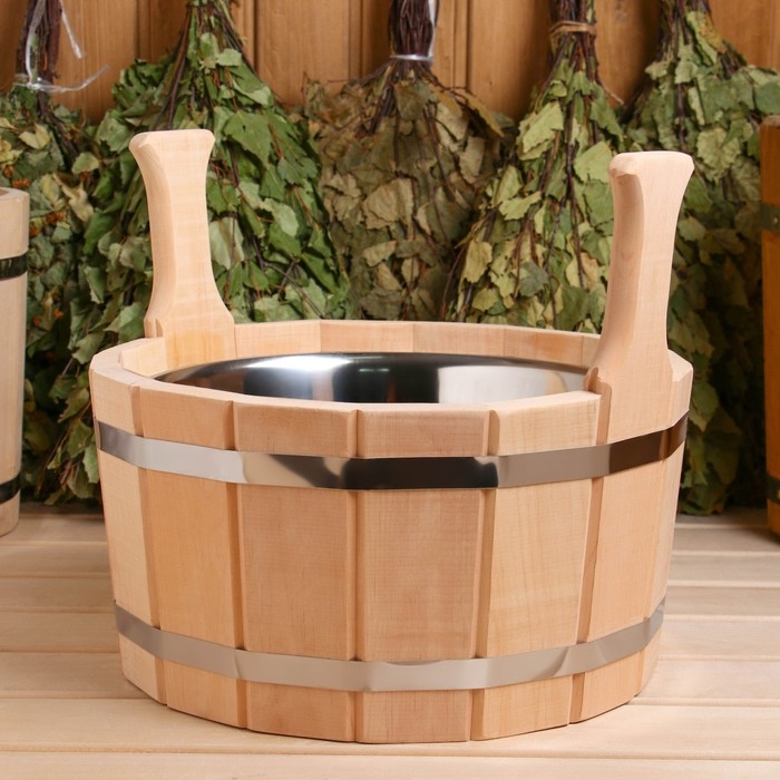 Шайка из ольхи, 7 л, двуручная, нержавеющая вставка Шайка из ольхи, 7 л, двуручная, нержавеющая вставка