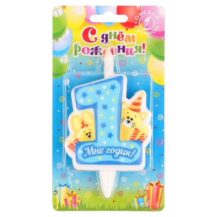 Свеча в торт  Свеча в торт "Мне годик!" с котом и кроликом, 9,7 см, 12 мин, 40 г