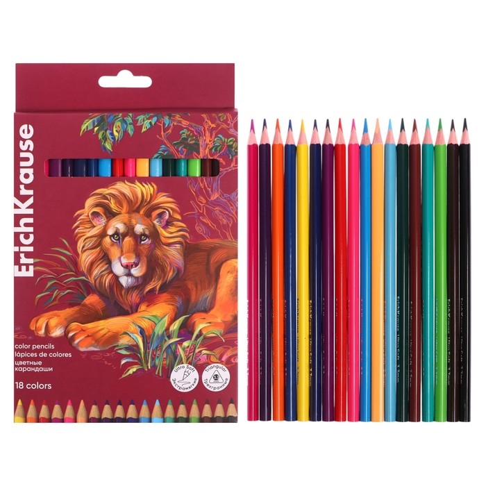 Карандаши 18 цветов ErichKrause Safari, дерево, трехгранные, с европодвесом