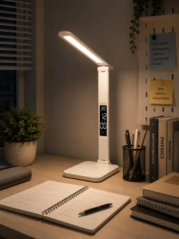 Лампа настольная светодиодная, часы, календарь, термометр, 3 режима, USB, 12&times;17&times;34 см, белая