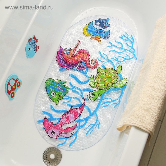 Коврик противоскользящий в ванну на присосках Доляна «Морские жители», 36×68 см