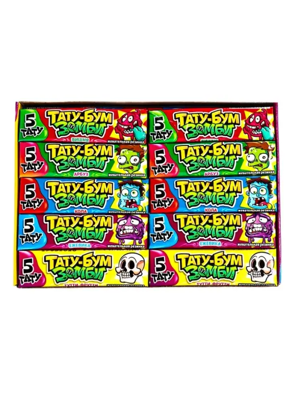 Жевательная резинка в пластинках с татуировками Жевательная резинка в пластинках с татуировками "ТАТУ-БУМ ЗОМБИ" ассорти 12,5гр
