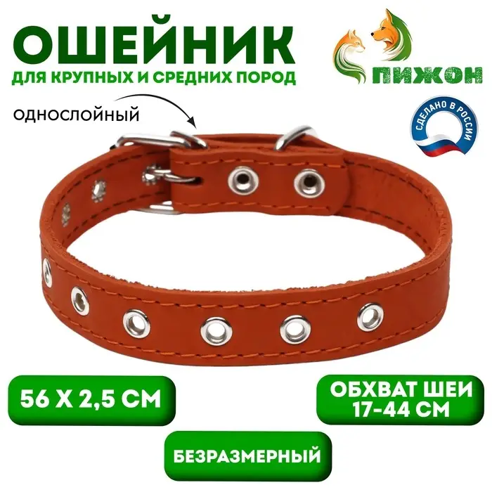 Ошейник однослойный, безразмерный, 56&times;2.5 см, ОШ 17-44 см, кожа, оранжевый