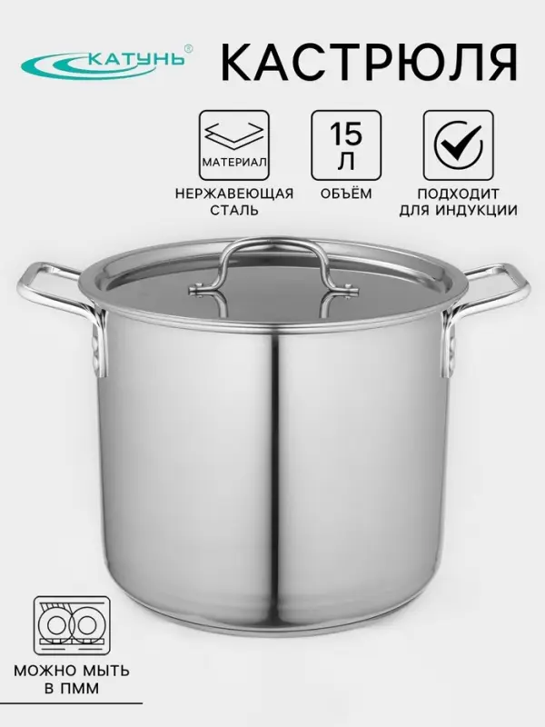 Кастрюля Катунь &laquo;Общепит&raquo;, 15 л, d=30 см, с крышкой, капсульное дно, индукция, нержавеющая сталь, хромированный